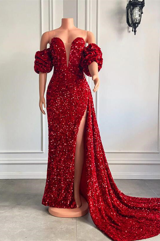 Bubble Sleeves Sweetheart Mermaid Prom Dress With Slit