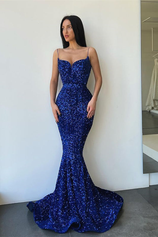 Spaghetti Strap Long Royal Blue Mermaid Prom Dress With Sequins