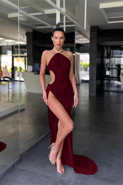 Halter Sleeveless Pink Mermaid Prom Dress Long Slit Online