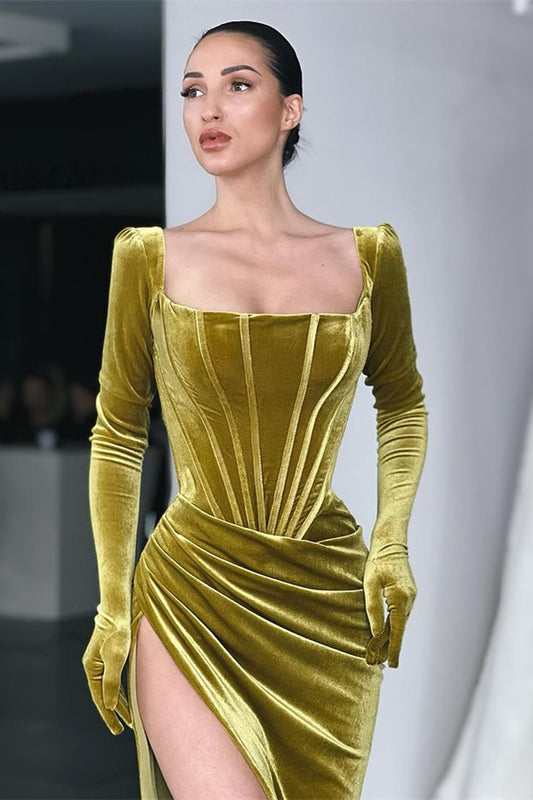 Square Long Sleeves Prom Dress With Slit