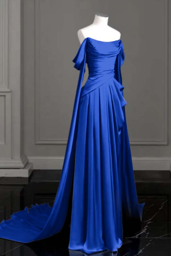 Sleeveless Off-The-Shoulder Pleated Long Prom Dress With Trailing On Both Sides