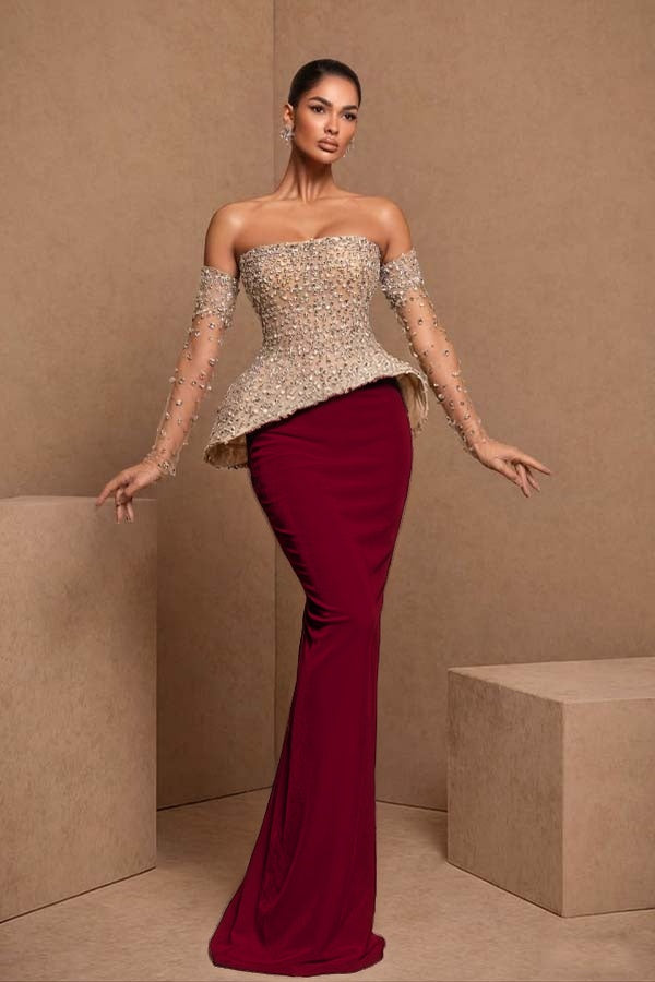 Black Sleeveless Strapless Mermaid Satin Beads Long Prom Dress With Gloves