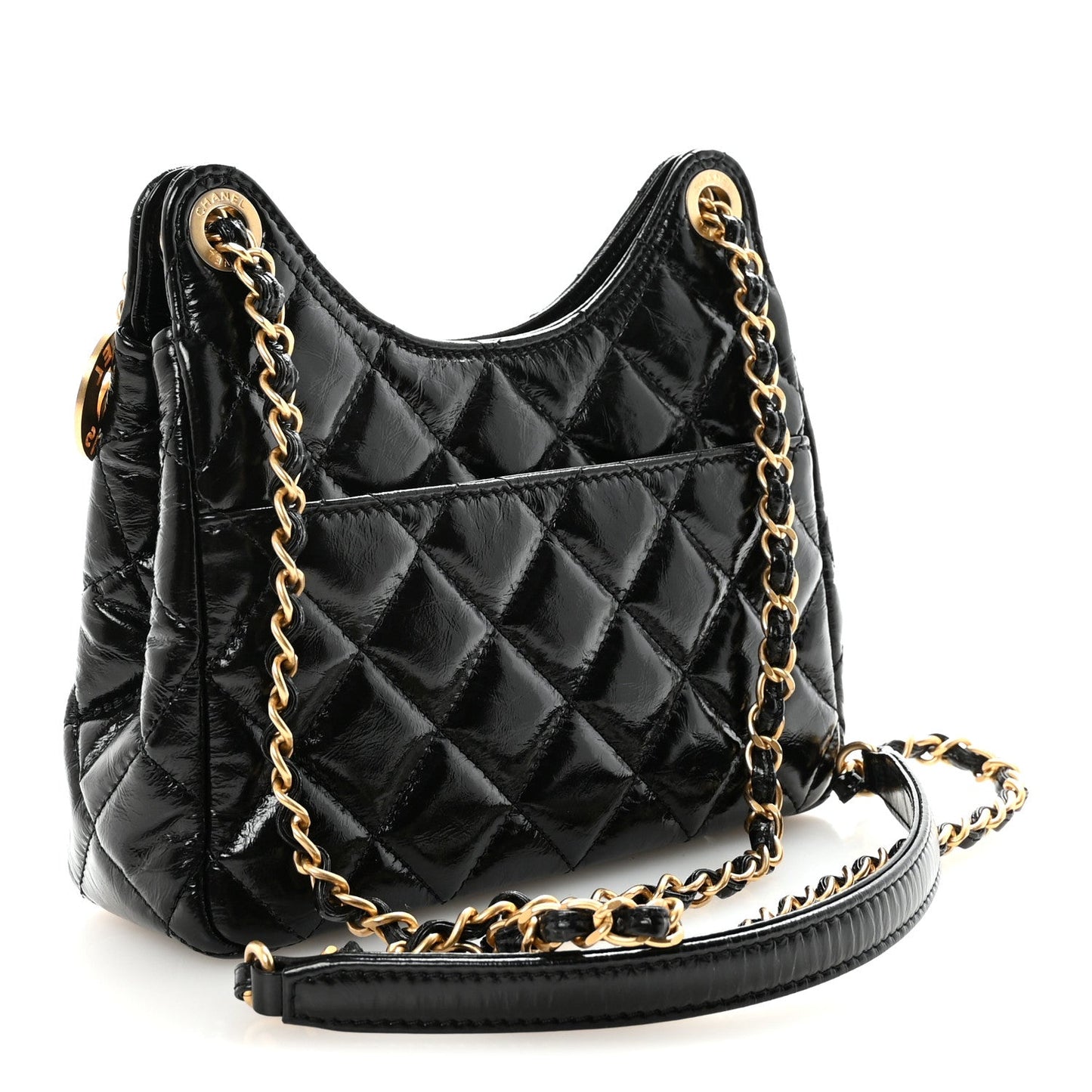 Shiny Crumpled Calfskin Quilted Small Wavy CC Hobo Black