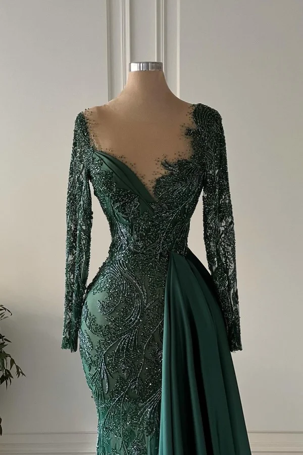Elegant Dark Green Luxurious Embroidery Mermaid Prom Dress With Satin Trailing