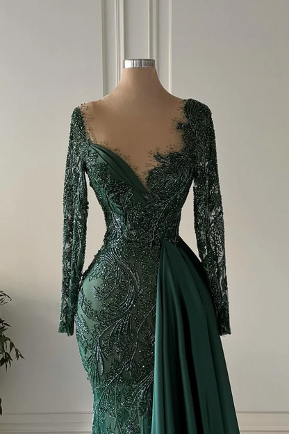 Elegant Dark Green Luxurious Embroidery Mermaid Prom Dress With Satin Trailing