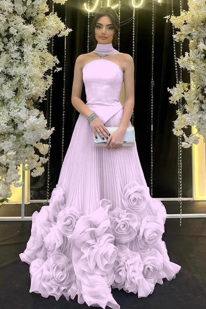Strapless Sleeveless Long Ruffle Evening Dress With Flower Pleated