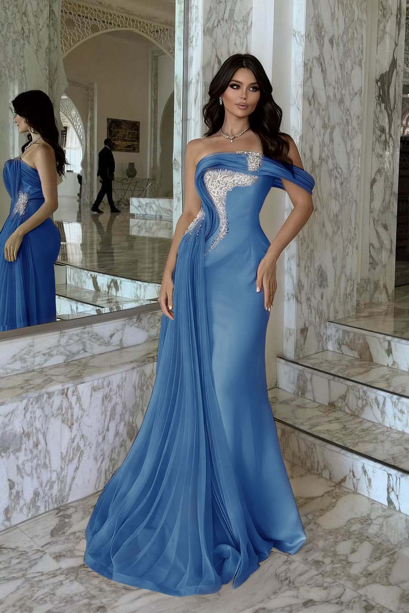 Elegant Pink Satin One Shoulder Beaded Strapless Prom Dress with Train