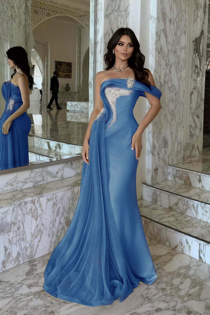 Elegant Pink Satin One Shoulder Beaded Strapless Prom Dress with Train