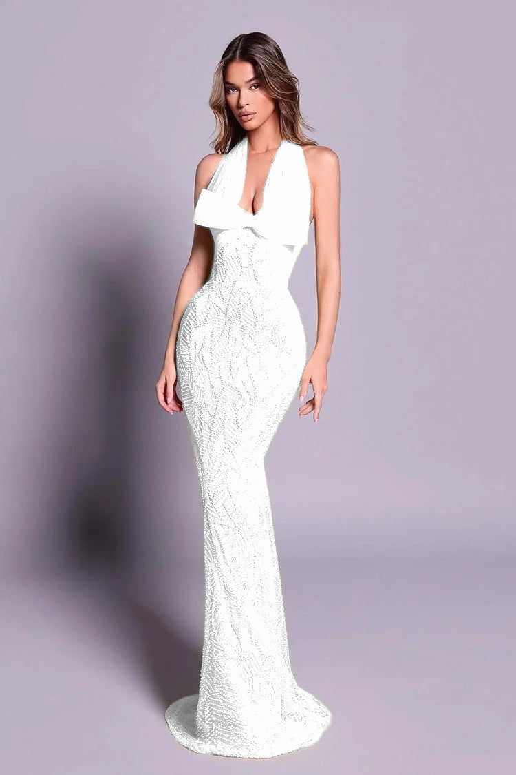 Chic Sleeveless Halter Straps Long Mermaid Evening Dress With Embroidery