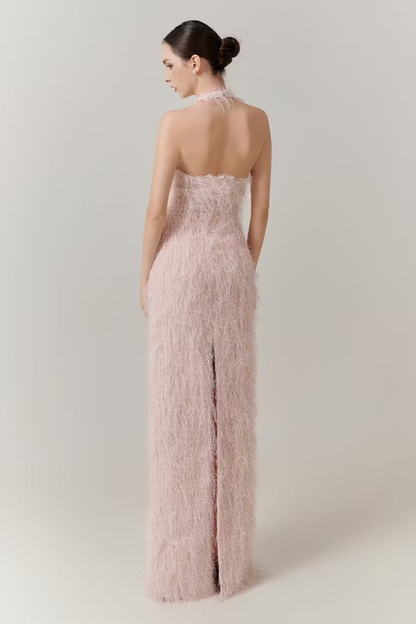 Sleeveless Halter Straps V-Neck Feathered Mermaid Evening Dress with Pearl Details