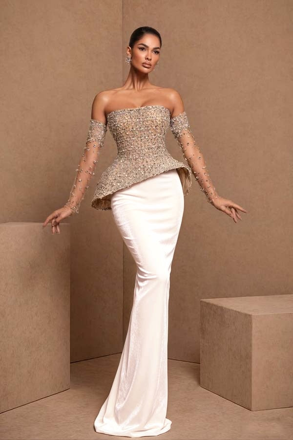 Black Sleeveless Strapless Mermaid Satin Beads Long Prom Dress With Gloves