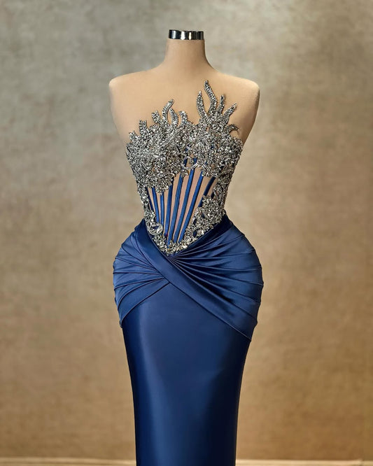 Sleeveless Strapless Beads Pleated Mermaid Prom Dress