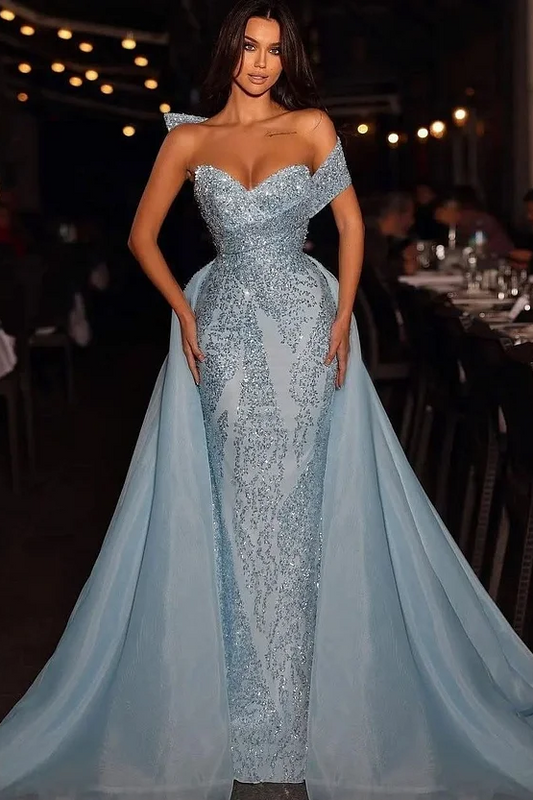 Baby Blue Embroidery Sleeveless Strapless One-Shoulder Mermaid Beads Prom Dress