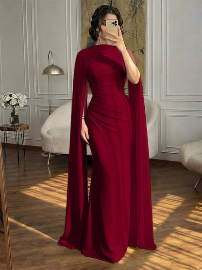 Fashionable Dark Navy Asymmetric Sleeveless Pleated Prom Dress With Scarf