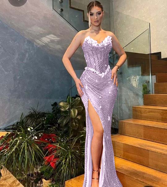 Sweetheart  Strapless Sleeveless Stuning Beaded Slit Prom Dress