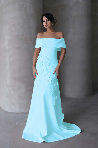 Sleeveless Off-Shoulders Prom Dress With Handmade Flower