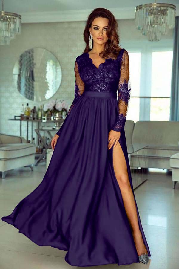 V-Neck Long Sleeve Lace Prom Dress With Slit