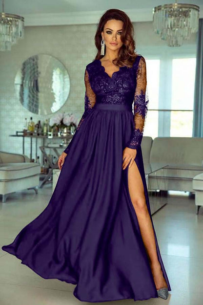 V-Neck Long Sleeve Lace Prom Dress With Slit