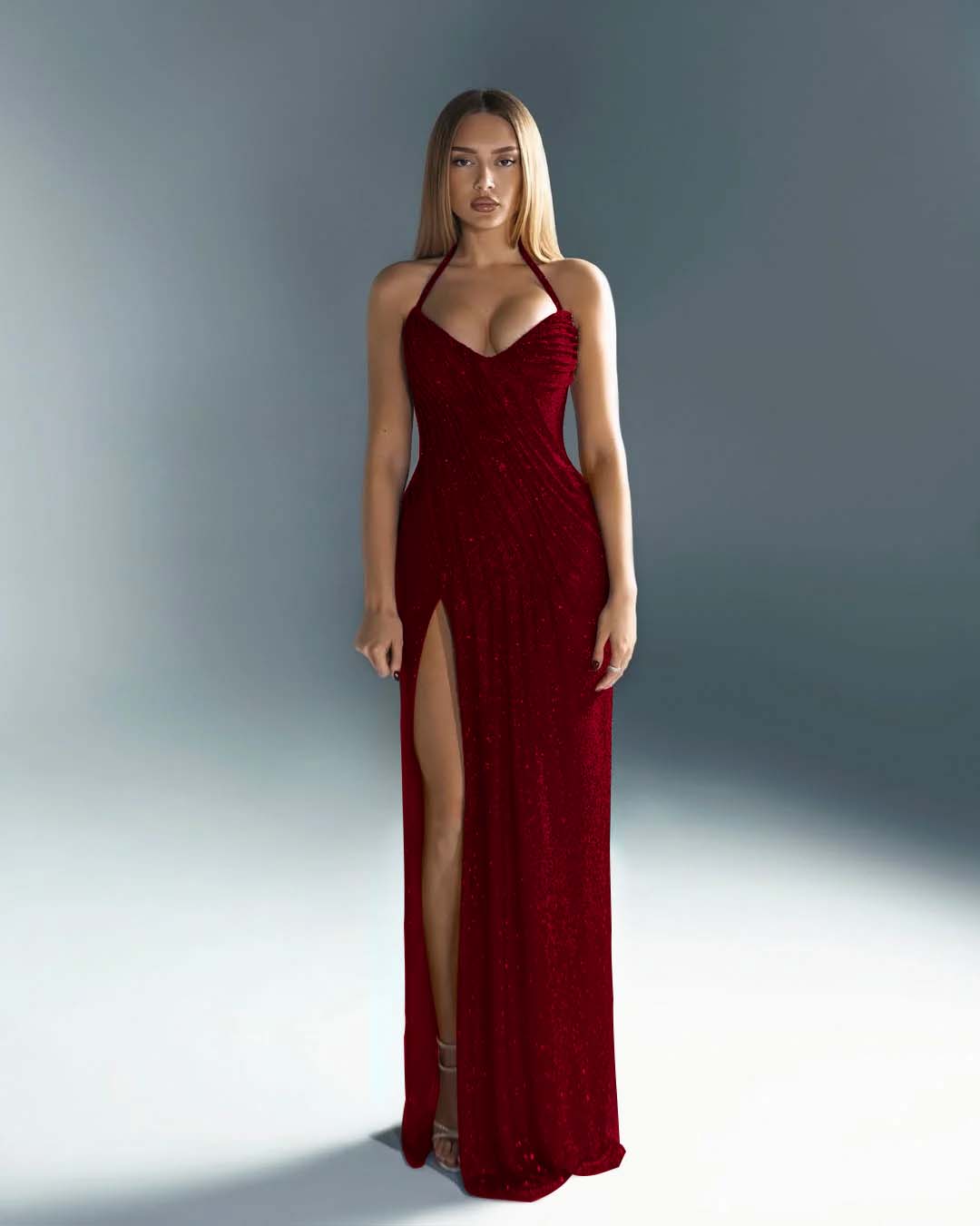 Sleeveless Halter Straps V-Neck Slit Prom Dress With Sequin