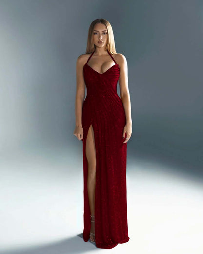 Sleeveless Halter Straps V-Neck Slit Prom Dress With Sequin