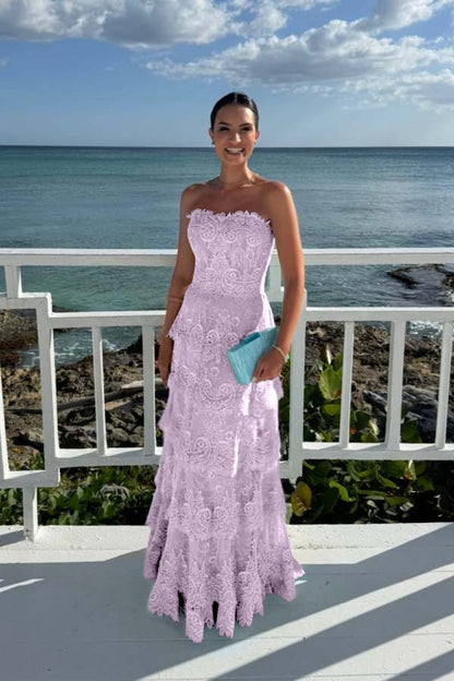 Elegant Mint Green Lace Strapless Sleeveless Prom Dress with Ruffles