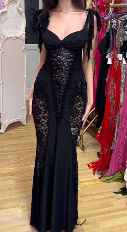 Sexy Black Mermaid Straps Lace Chiffon Long Party Dress Evening Dress Date Dress SH3464