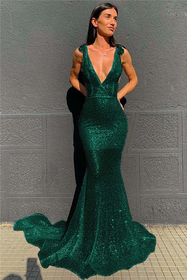 Deep V-Neck  Mermaid Prom Dress Open Back Sequins