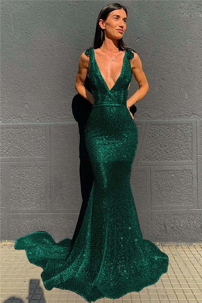 Deep V-Neck  Mermaid Prom Dress Open Back Sequins