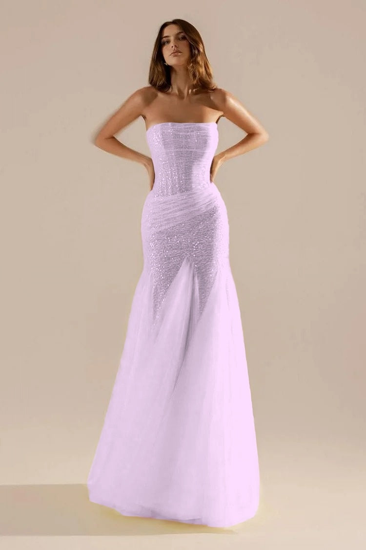 Sleeveless Strapless Square Prom Dress With Sequins
