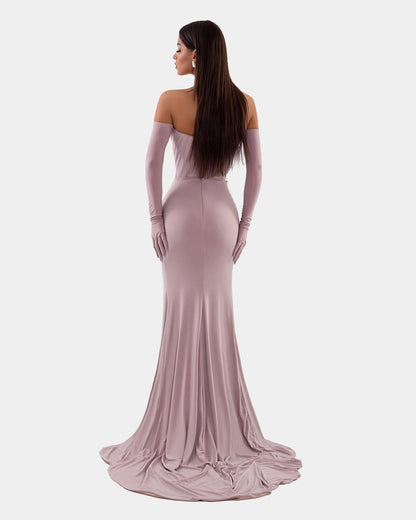 Gorgeous  Wisteria Satin Beaded V Neck Split Slim Prom Dress with Gloves
