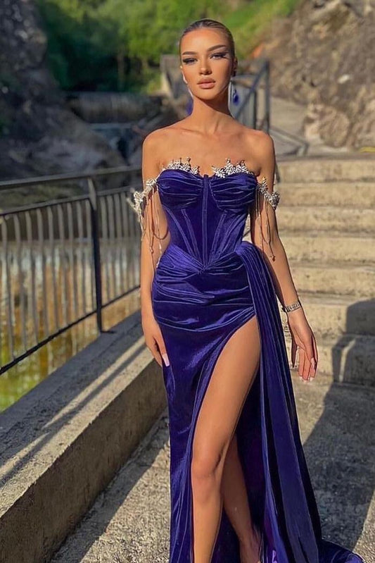 Exquisite Regency Off the Shoulder Strapless Long Split Pleated Prom Dress with Beadings