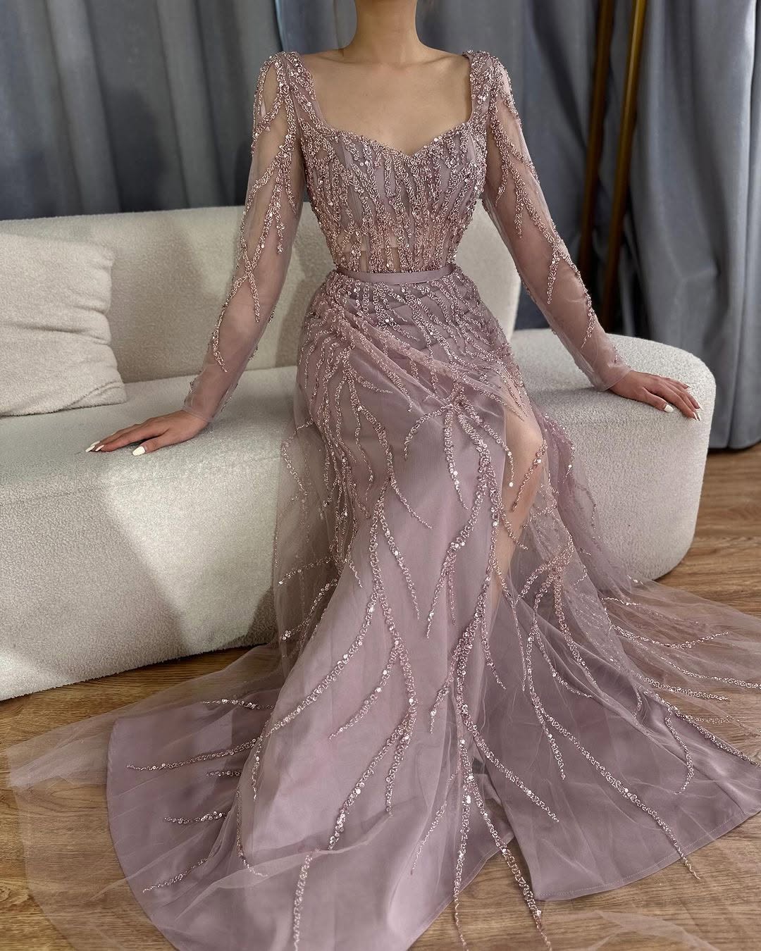 Gorgeous Long Sleeves V-Neck Beads Embroidery Mermaid Prom Dress