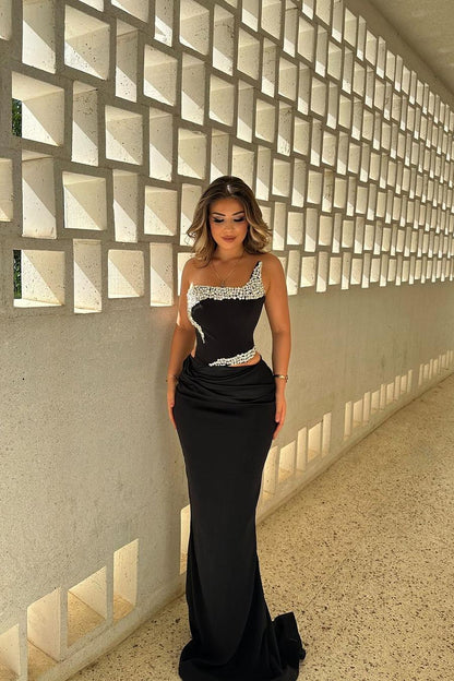 Charming Black Satin Sleeveless Strapless Pleated Long Prom Dress with Beadings