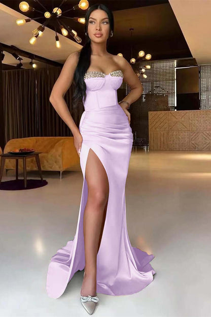 Gorgeous Dark Champagne Strapless  Mermaid Long  Prom Dress Split With Pleats Ruffles Beads