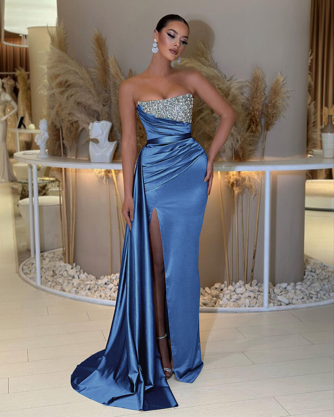 Strapless Beading Sleeveless Slit Prom Dress with Ruffle