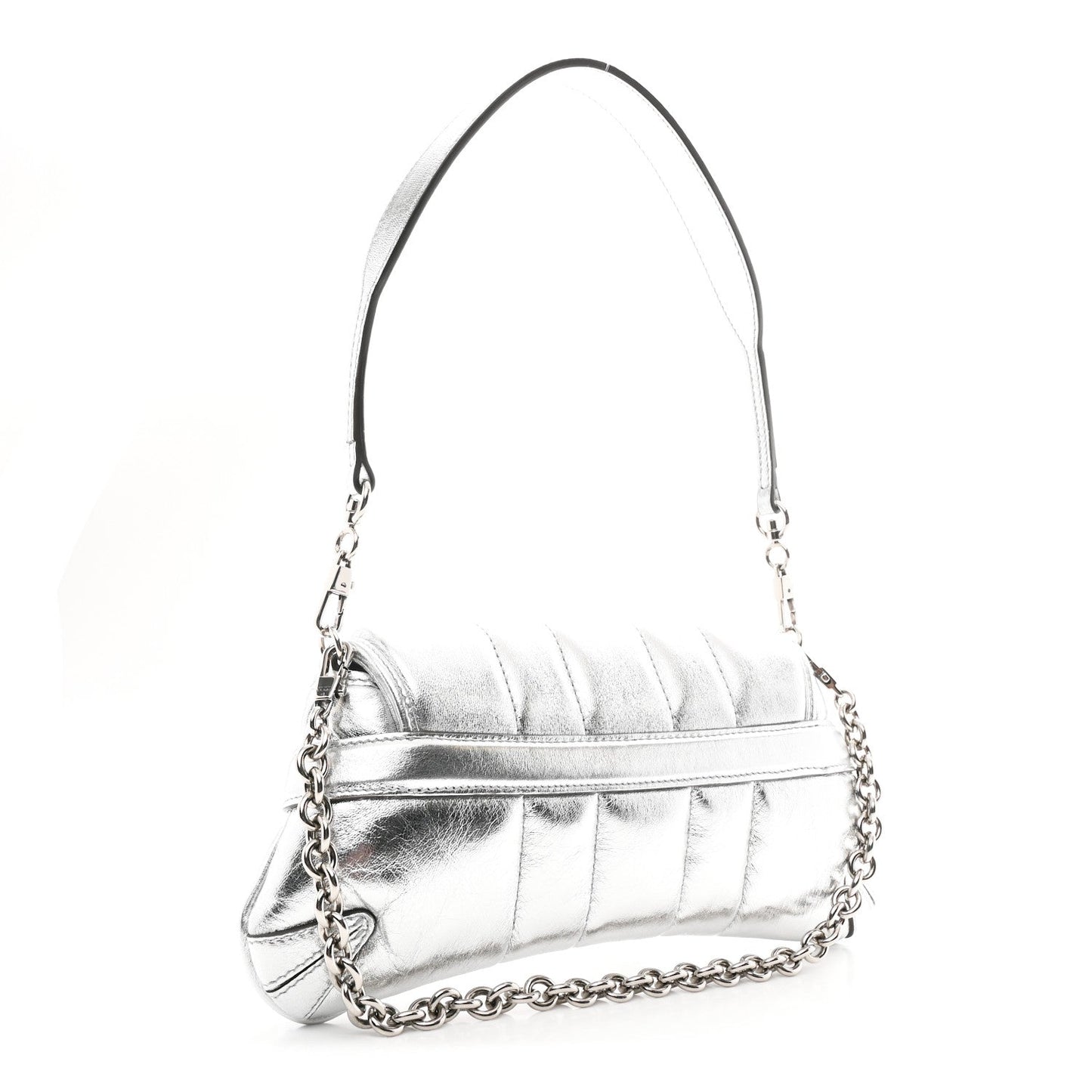 Metallic Nappa Vertical Matelasse Small Maxi Horsebit Chain Shoulder Bag Silver