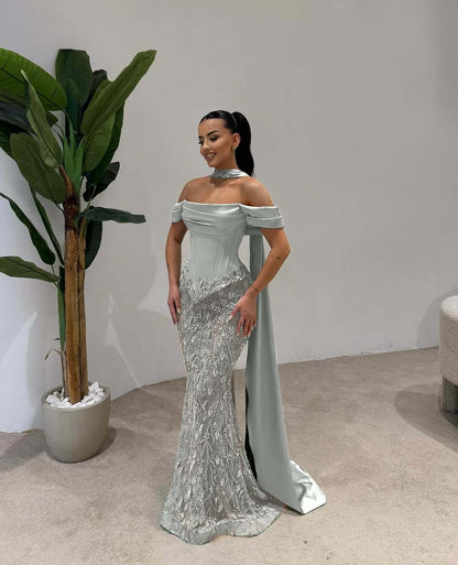 Off Shoulder Beads Mermaid Square Prom Dress With Scarf