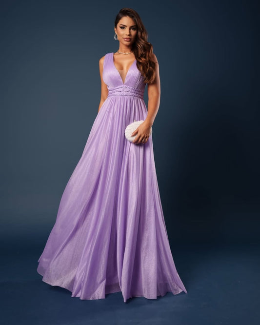 Purple Sleeveless Straps Deep V-Neck A-Line Prom Dress