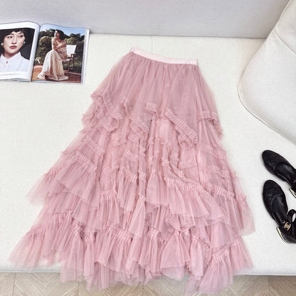 CC 25 Mesh Long Skirt Pink Polyester Fiber