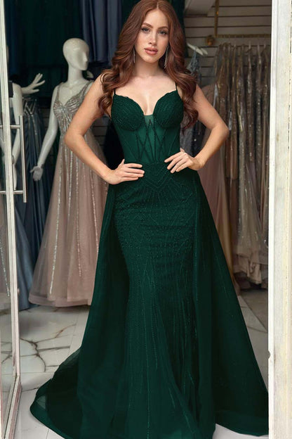 Elegant Red Sequins Spaghtti Strap Sleeveless Sweetheart Prom Dress with Detachable Train