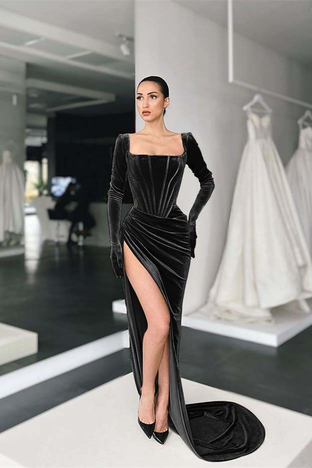 Square Long Sleeves Prom Dress With Slit