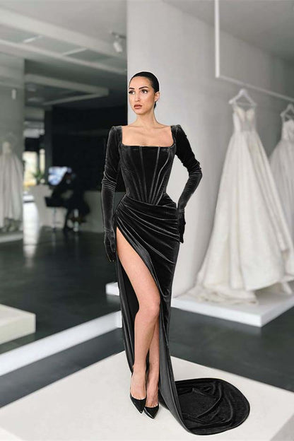 Square Long Sleeves Prom Dress With Slit