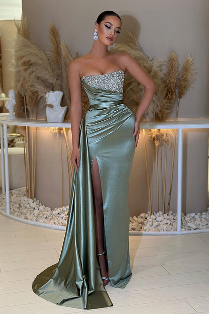 Strapless Beading Sleeveless Slit Prom Dress with Ruffle