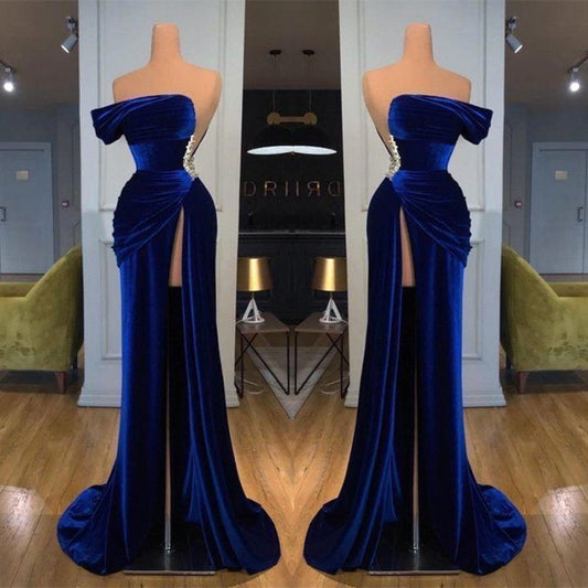 One Shoulder Dark Blue Mermaid Prom Dress Long Split With Beads
