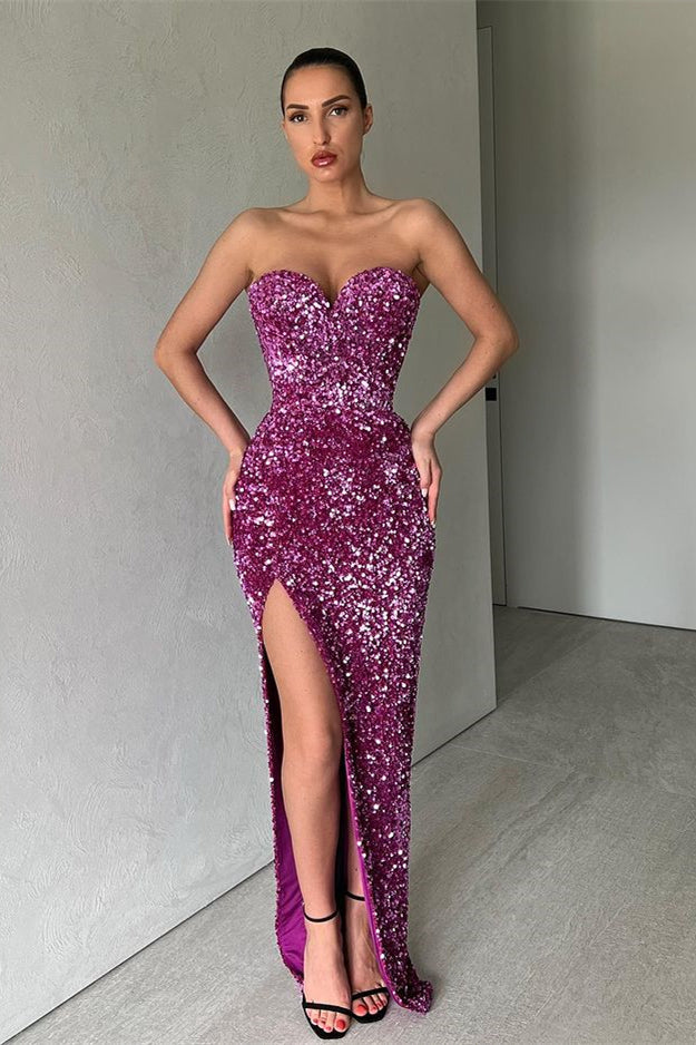 Sweetheart Sequins Purple Mermaid Evening Dress With Slit