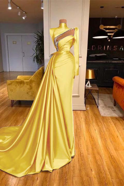 High Neck Long Sleeves Mermaid Prom Dress Beadings With Ruffles