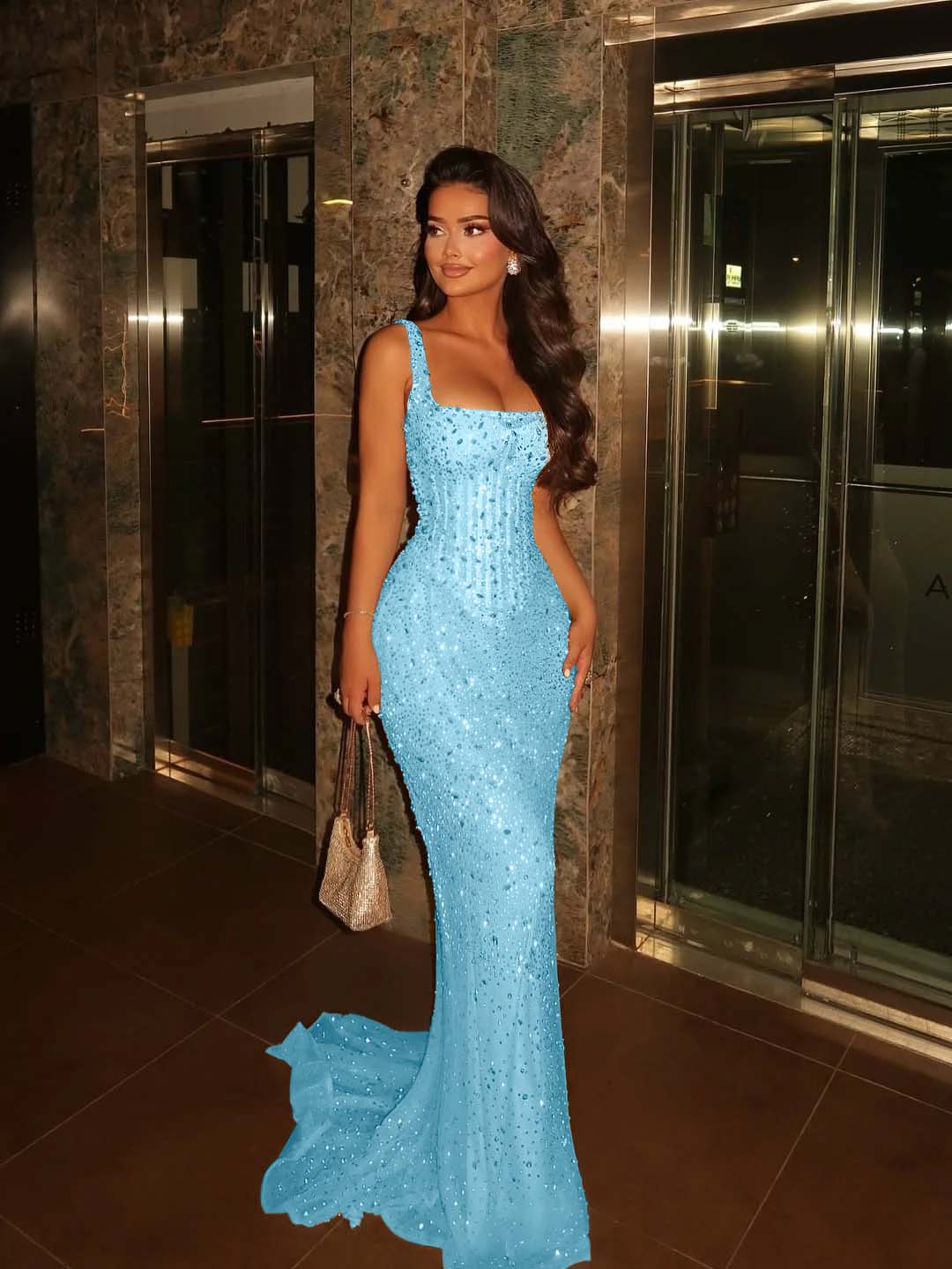 Lavish Square Sleeveless Wide Straps Beaded Mermaid Prom Dress