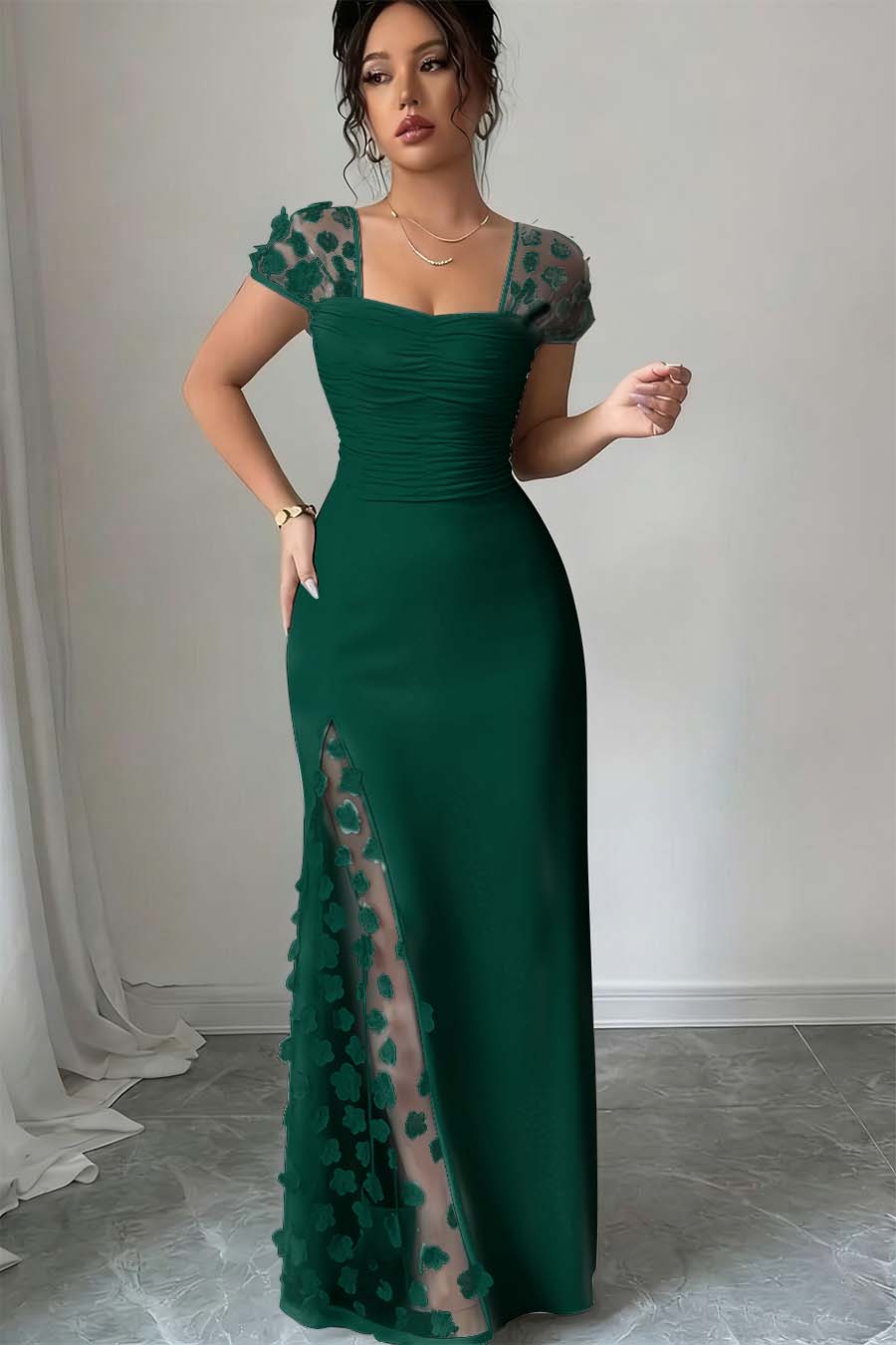Glamorous Black Satin Applique Square Neck Pleated Prom Dress with Split