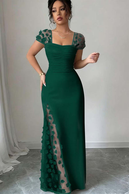 Glamorous Black Satin Applique Square Neck Pleated Prom Dress with Split