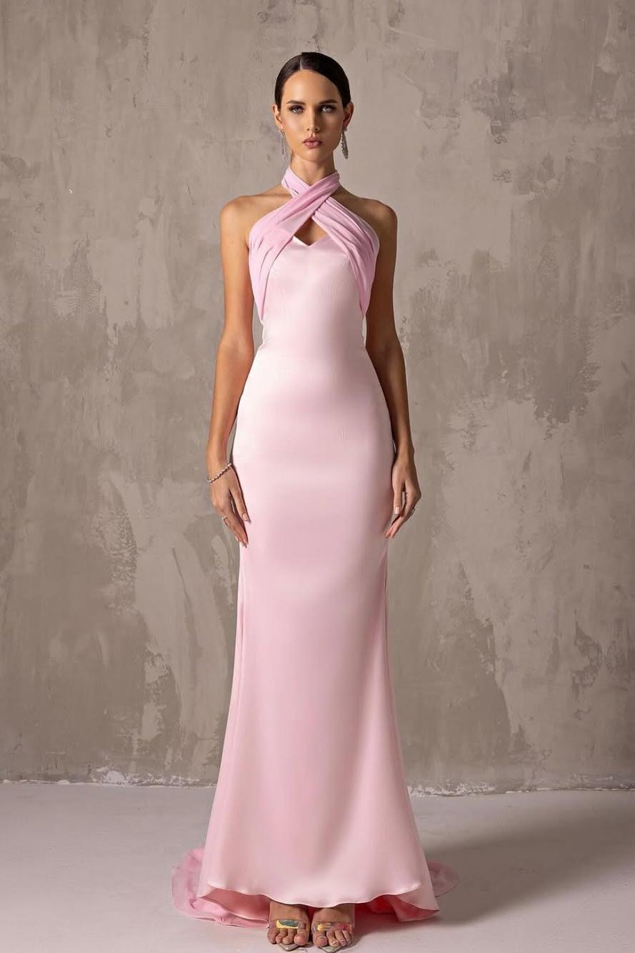 Elegant Blushing Pink Satin Halter Sleeveless Long Prom Dress with Pleated